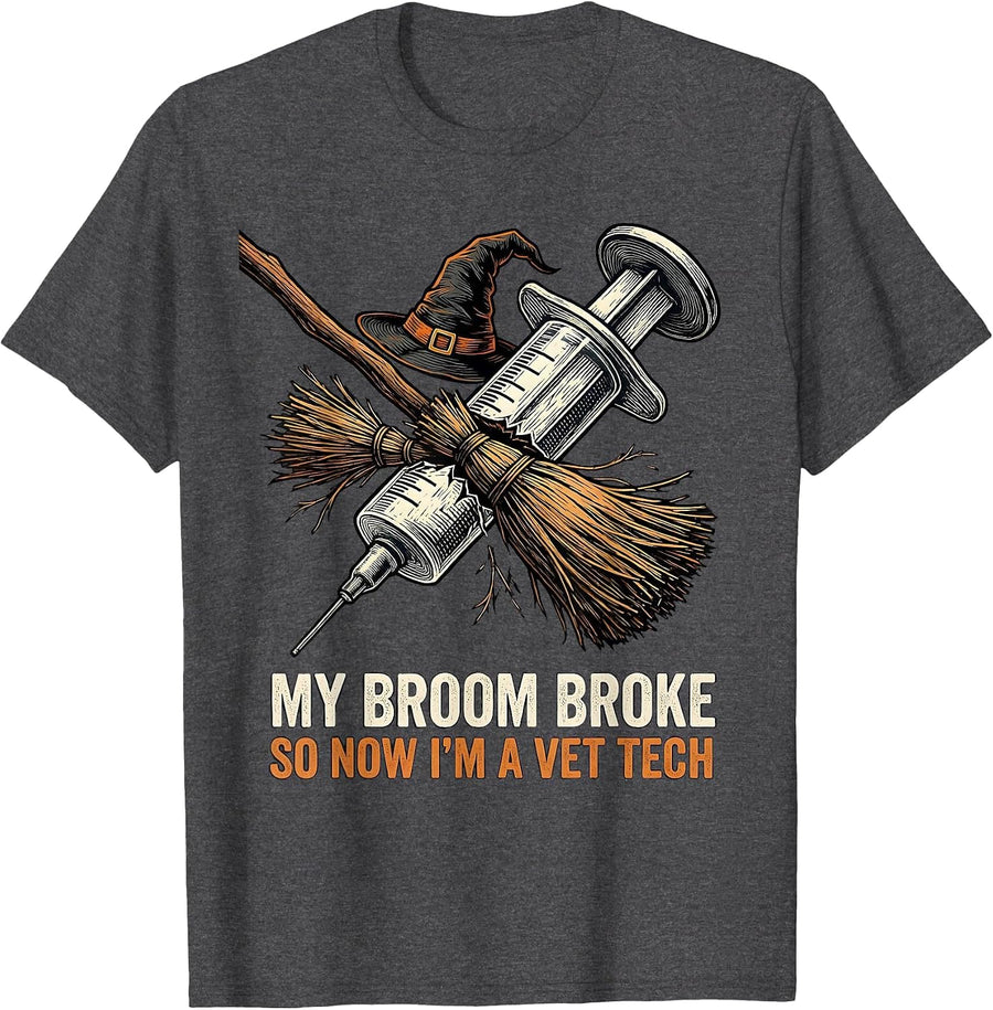 Men's My Broom Broke So Now I'm A Vet Tech Funny Halloween T-Shirt - Dark Heather Grey