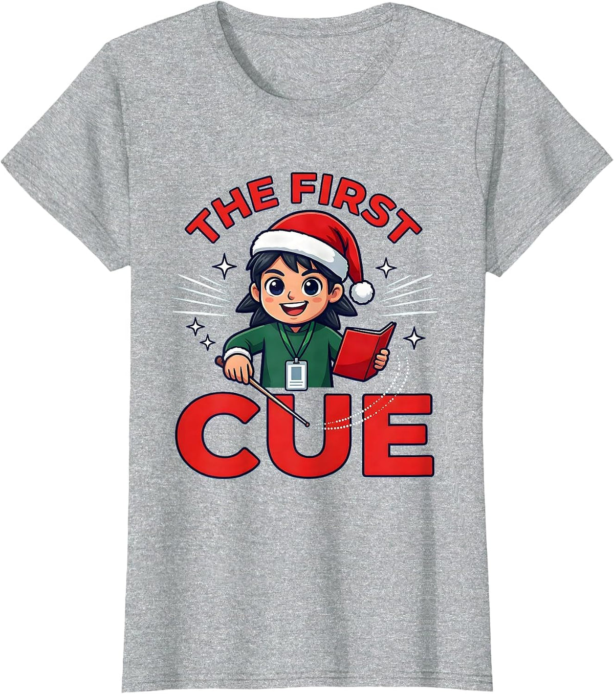 Women's THE FIRST CUE Funny Music Teacher Christmas School Staff T-Shirt - Heather Grey