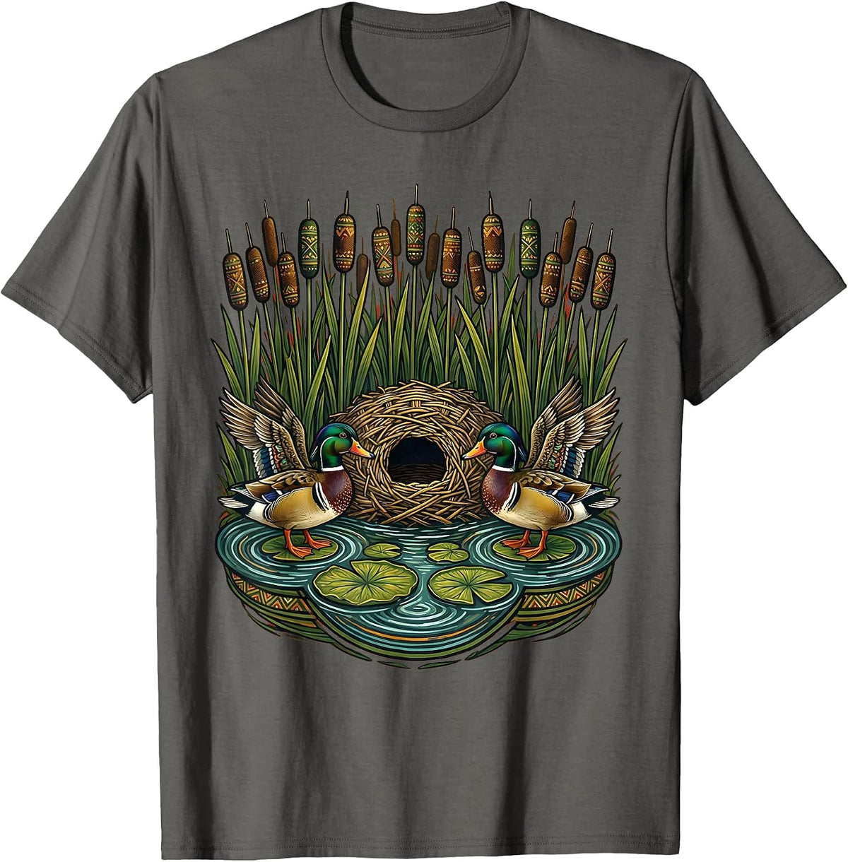 Men's Duck Blind Cattails Hidden Marsh Hunting Illustration T-Shirt - Asphalt Grey