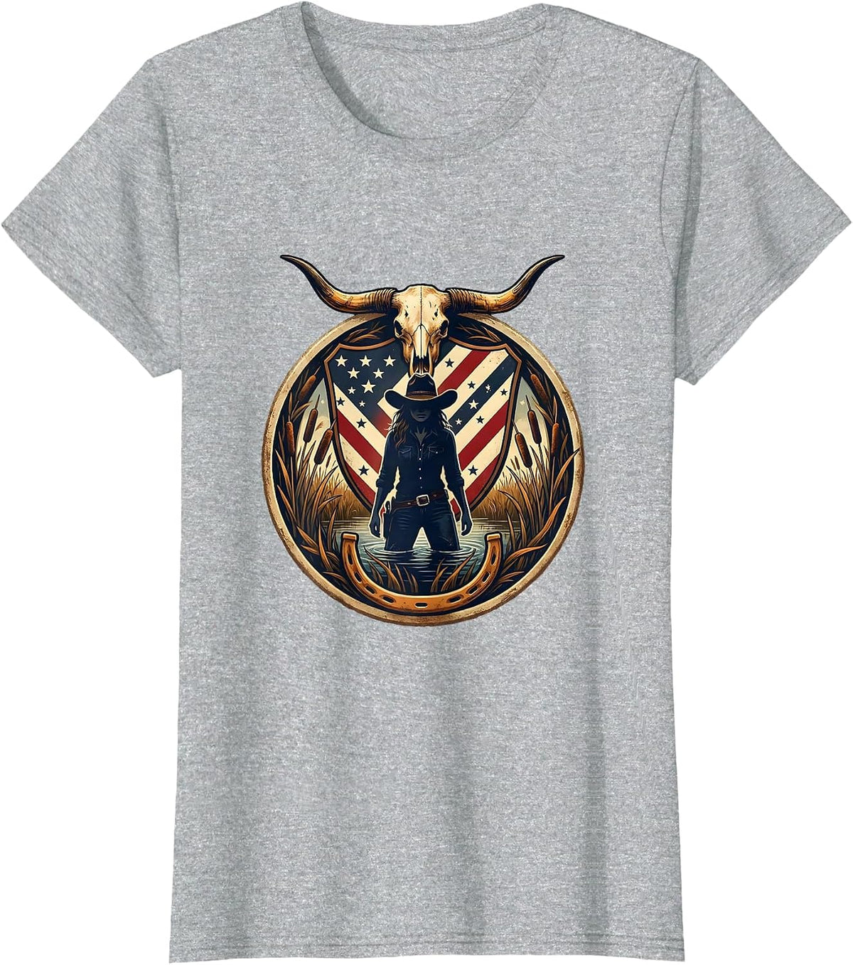 Camo Hunter Standing in Marsh Reeds Illustration T-Shirt - Heather Grey