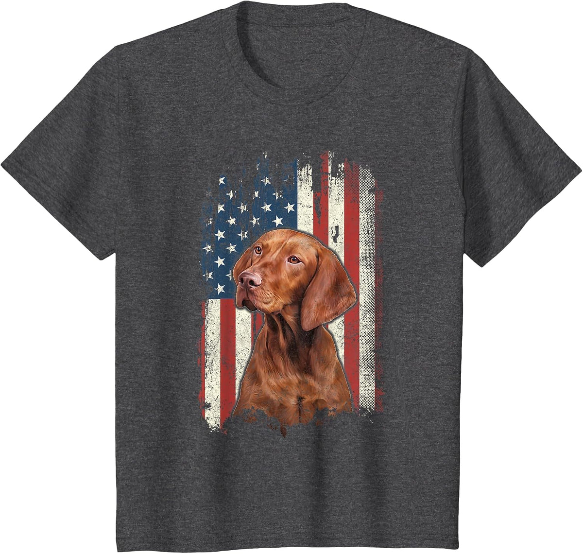 Distressed Vizsla American Flag Patriotic Dog T-Shirt - Dark Heather Grey