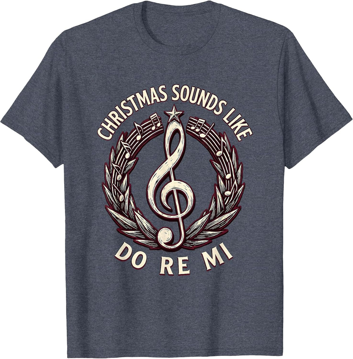 Christmas Sounds Like Do Re Mi Linocut Music Teacher Treble T-Shirt - Heather Blue