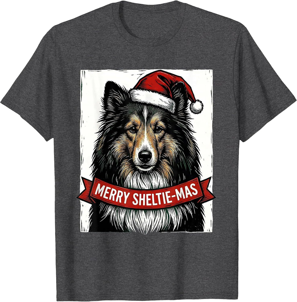 Merry Sheltie-mas Linocut Christmas Dog Breed Humor T-Shirt - Dark Heather Grey