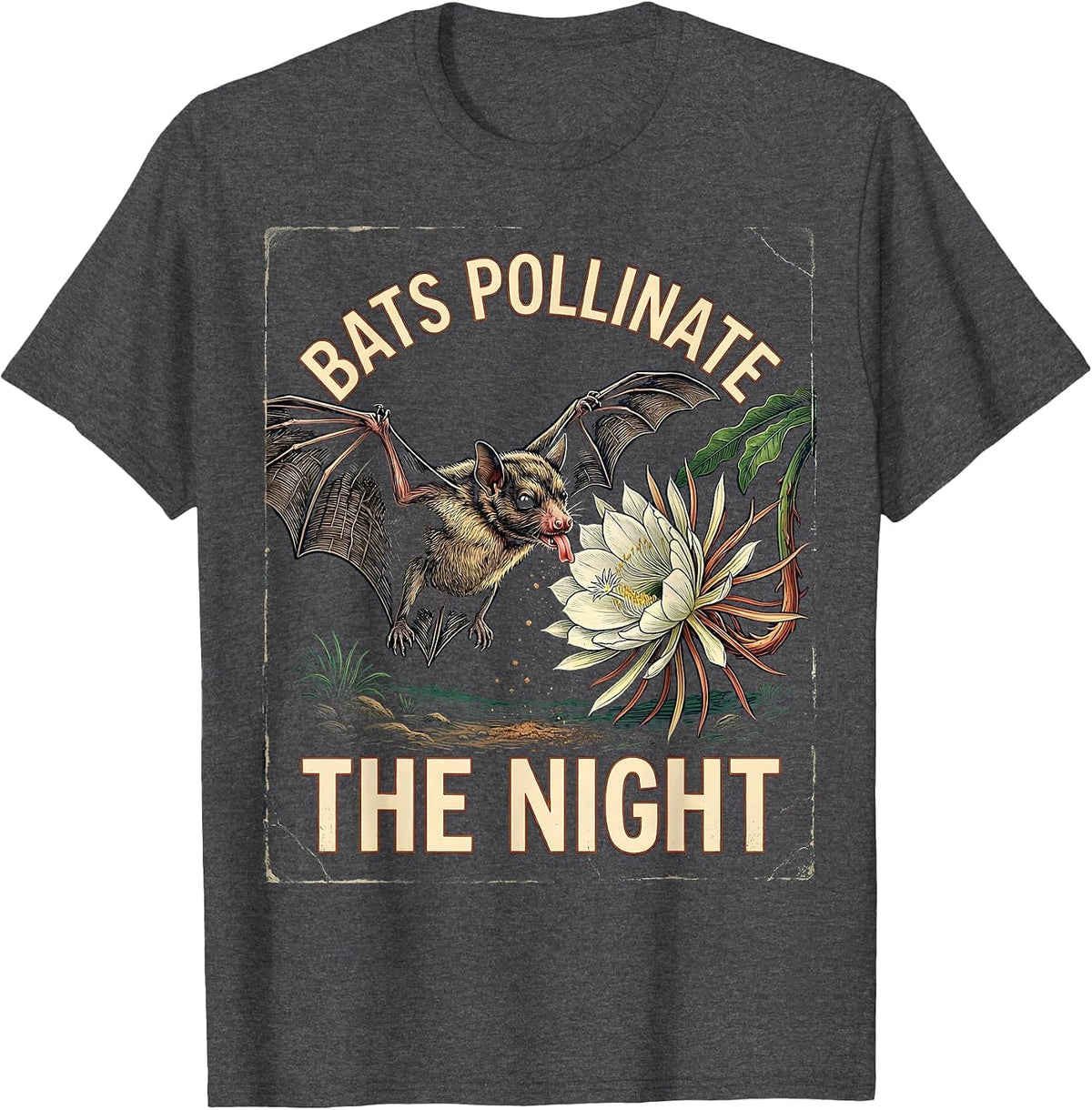 Men's Bats Pollinate The Night Vintage Bat Lover Halloween Humor T-Shirt - Dark Heather Grey