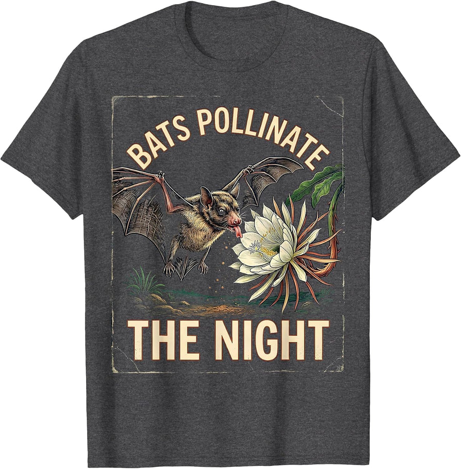 Men's Bats Pollinate The Night Vintage Bat Lover Halloween Humor T-Shirt - Dark Heather Grey