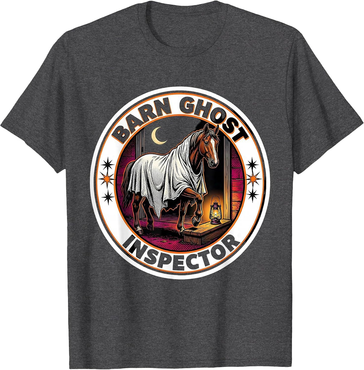 Barn Ghost Inspector Pop Art Halloween Horse Lover Humor T-Shirt - Dark Heather Grey