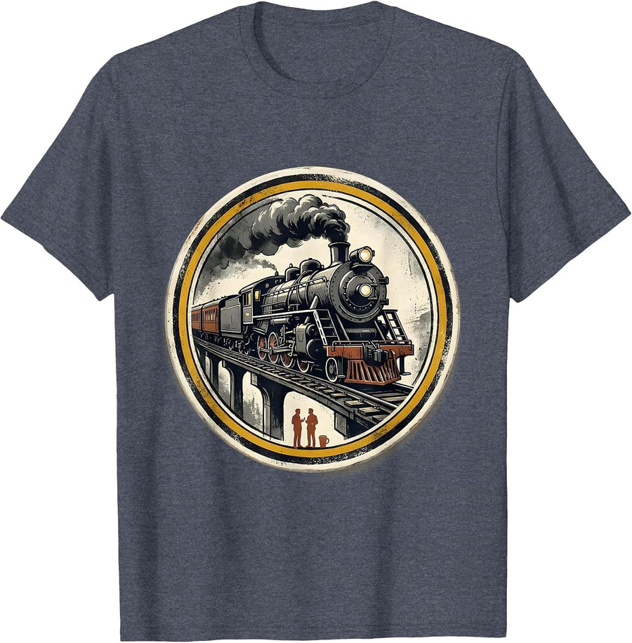 Steam Locomotive Badge Train Enthusiast Vintage T-Shirt - Heather Blue