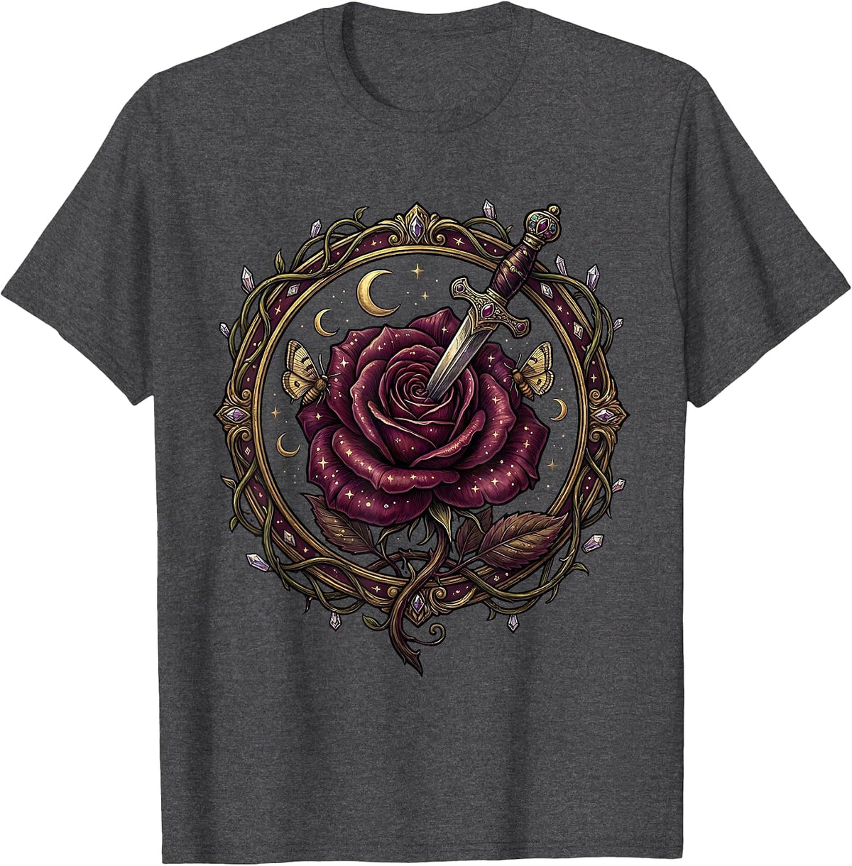 Men's Emo Dagger Wilting Flower Dark Aesthetic Graphic T-Shirt - Dark Heather Grey