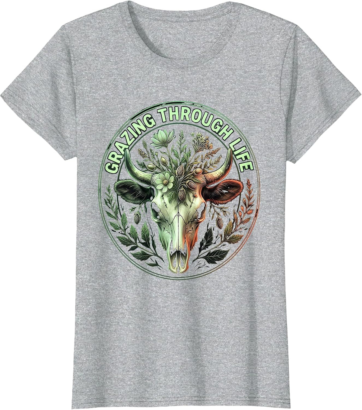 Grazing Through Life Cow Lover Design T-Shirt - Heather Grey
