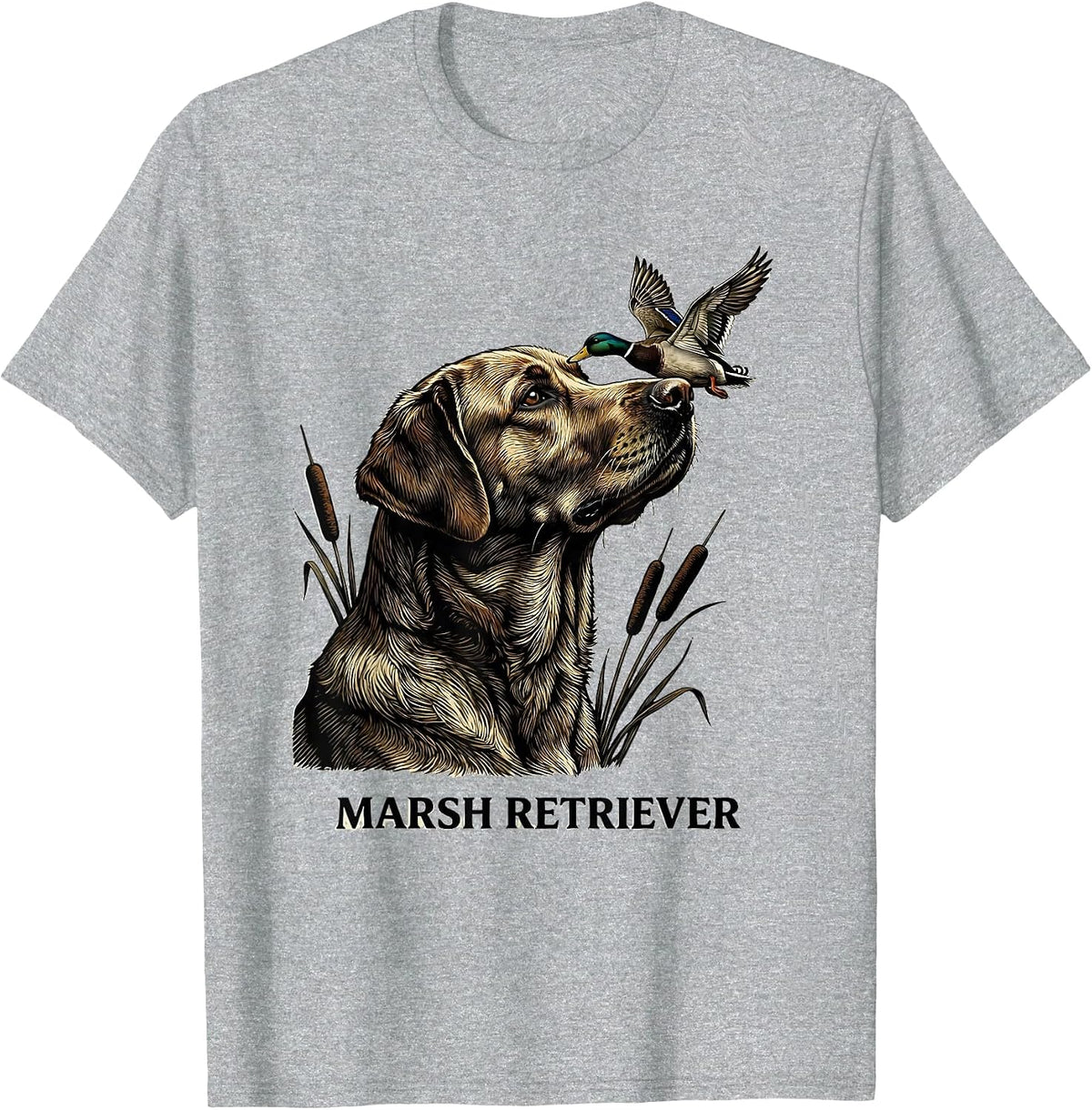 Men's Marsh Retriever Woodcut Engraving Labrador Duck Hunting T-Shirt - Heather Grey