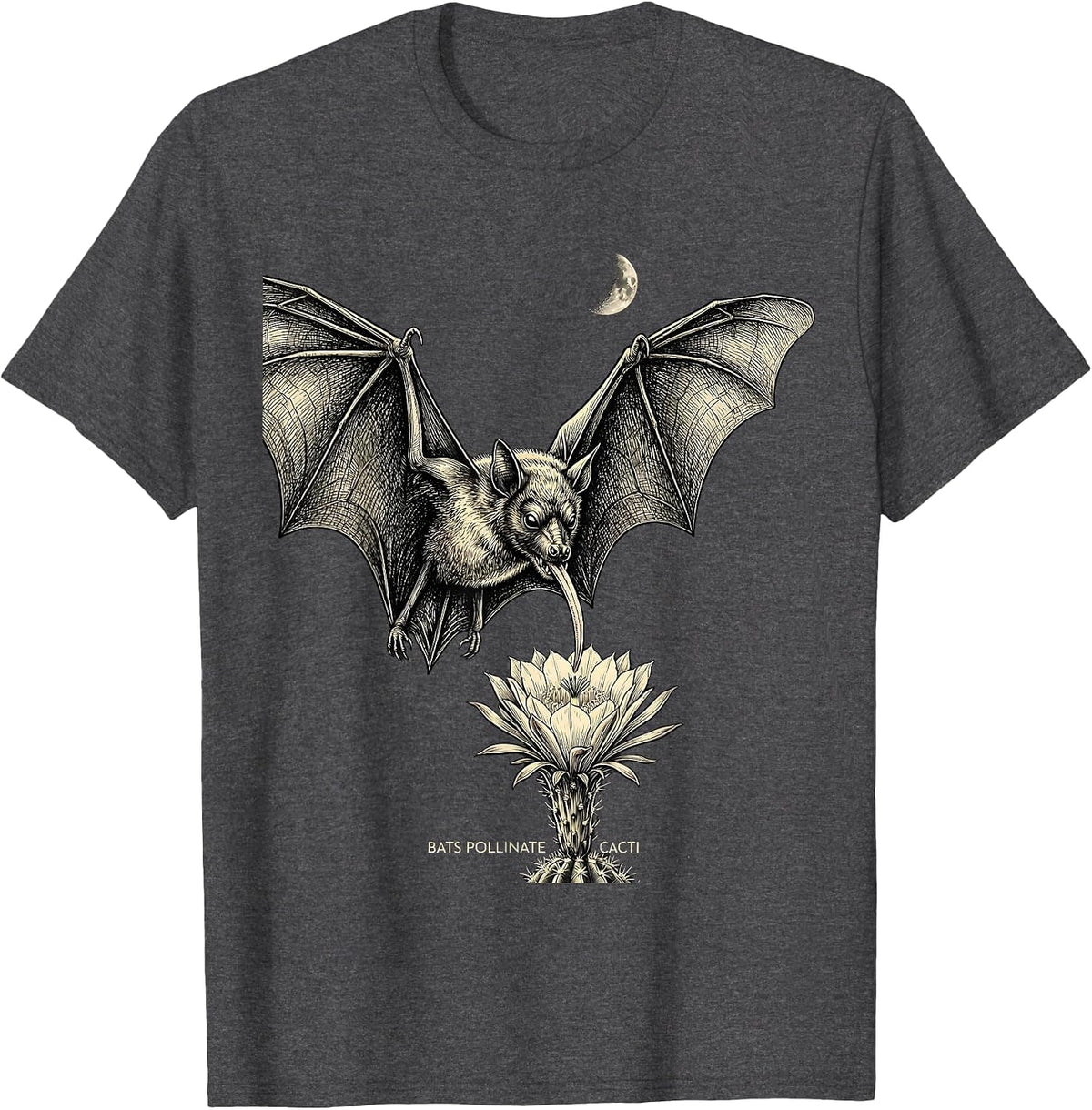 Men's Bats Pollinate Cacti Monochromatic Bat Lover Nature T-Shirt - Dark Heather Grey