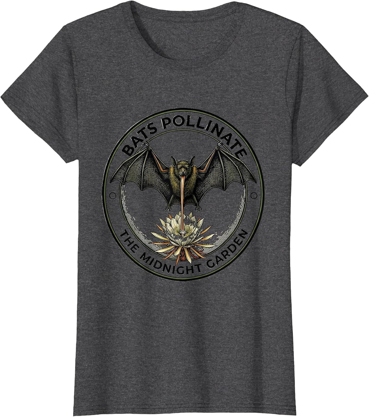 Women's Bats Pollinate The Midnight Garden Vintage Bat Lover T-Shirt - Dark Heather Grey