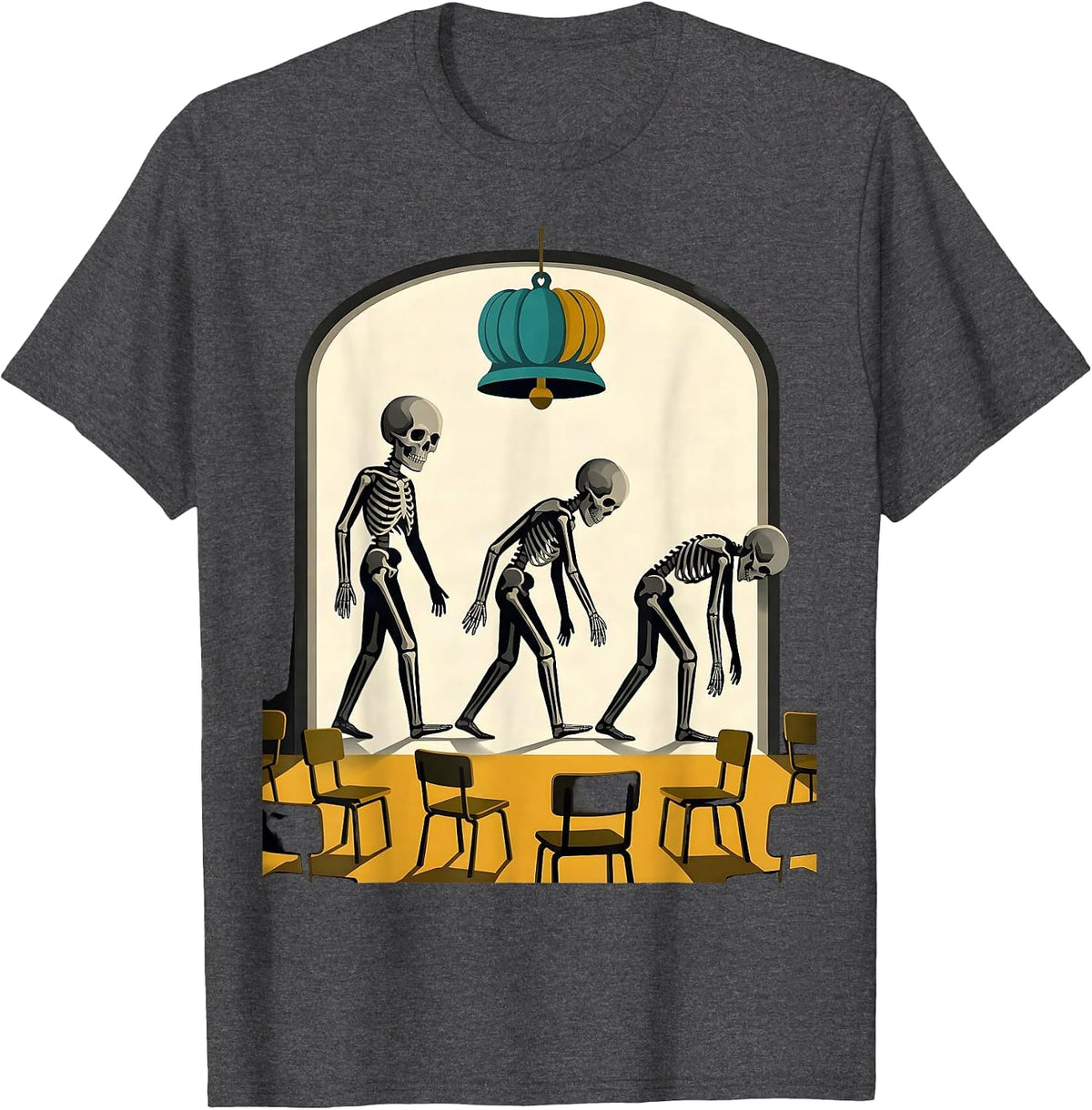Drooping Skeleton Teacher Midcentury Modern Halloween Humor T-Shirt - Dark Heather Grey