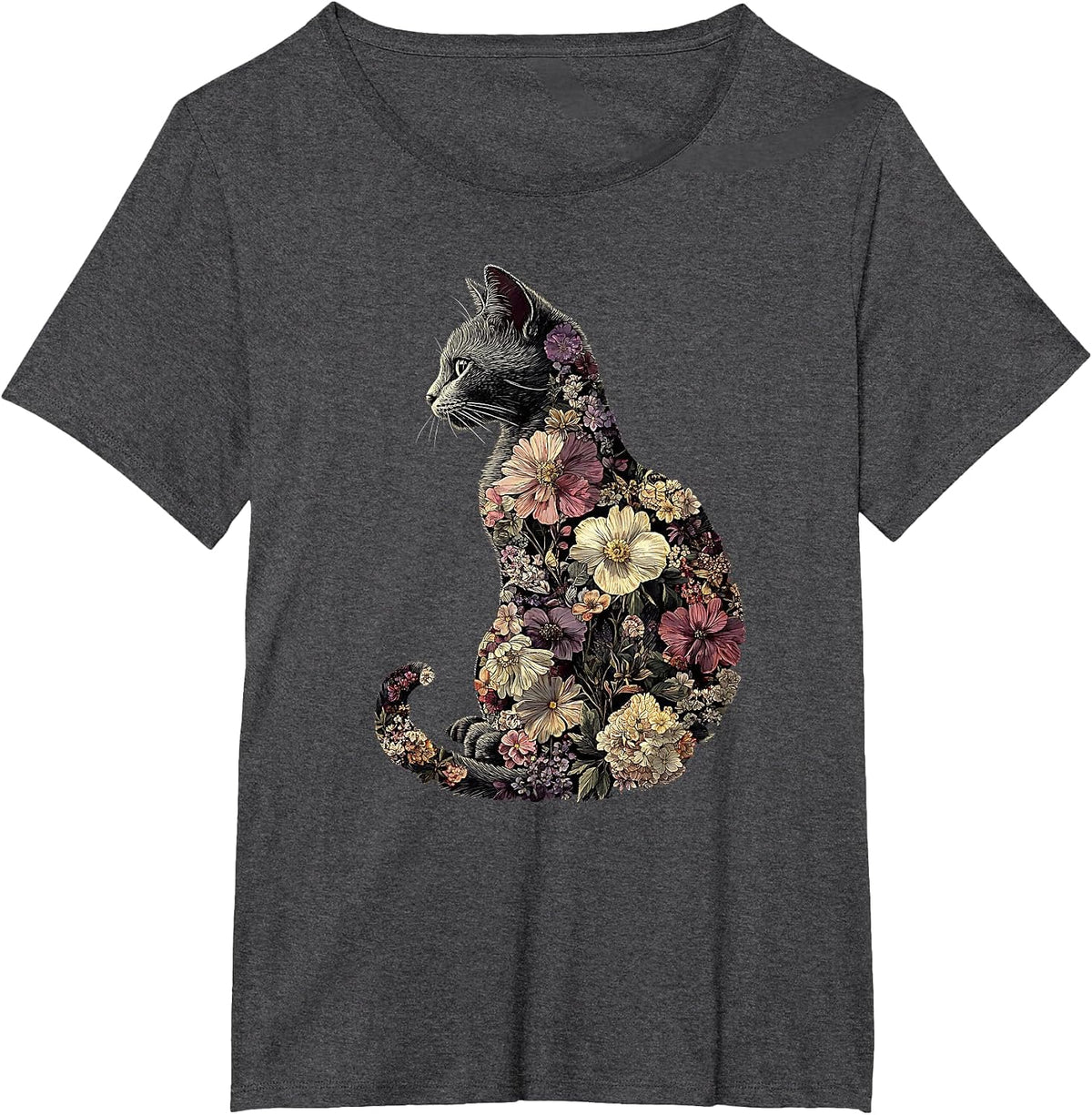Floral Cat T-Shirt - Dark Heather Grey