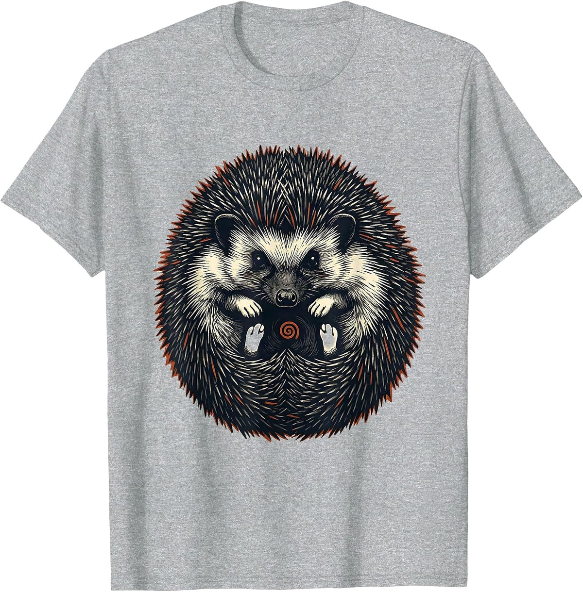 Men's Cute Curled Hedgehog Linocut Animal Lover Gift T-Shirt - Heather Grey