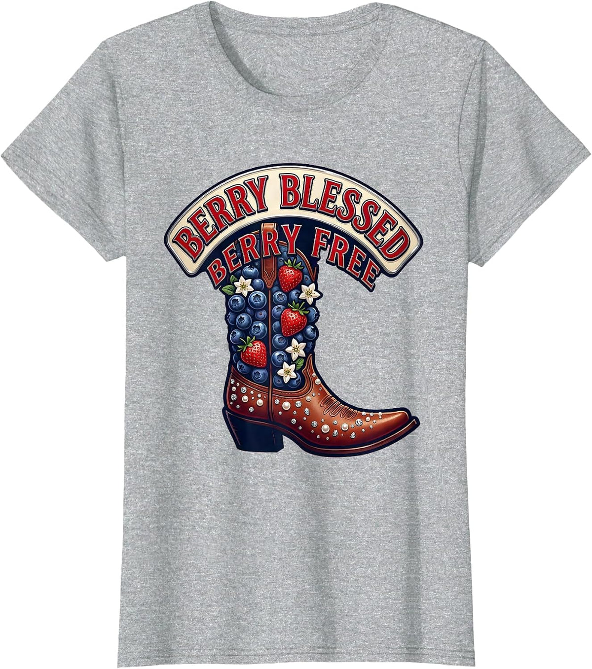 Women's Berry Blessed Berry Free Red White and Blueberries T-Shirt - Heather Grey