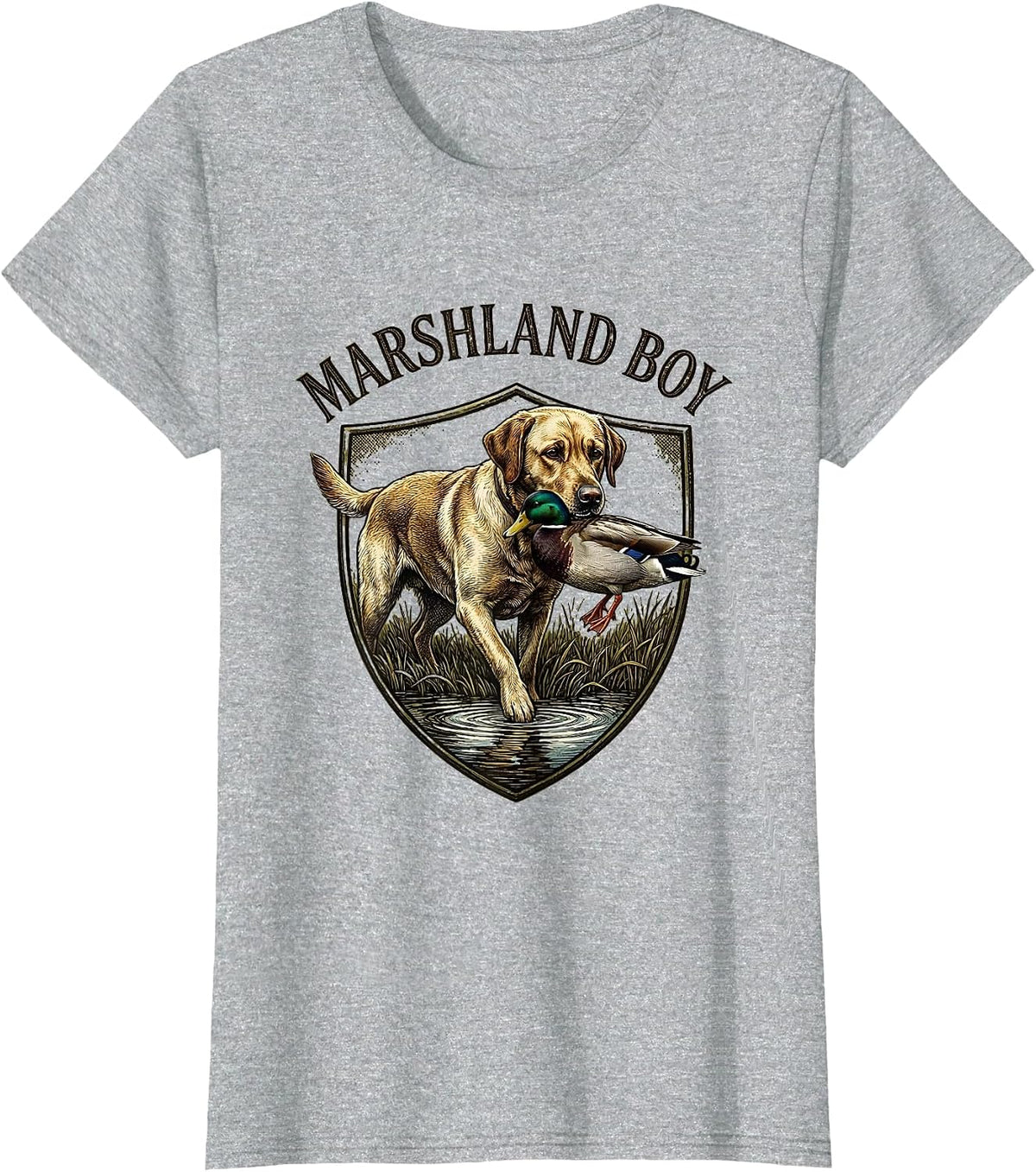 Women's Marshland Boy Vintage Emblem Labrador Duck Hunting Rural T-Shirt - Heather Grey