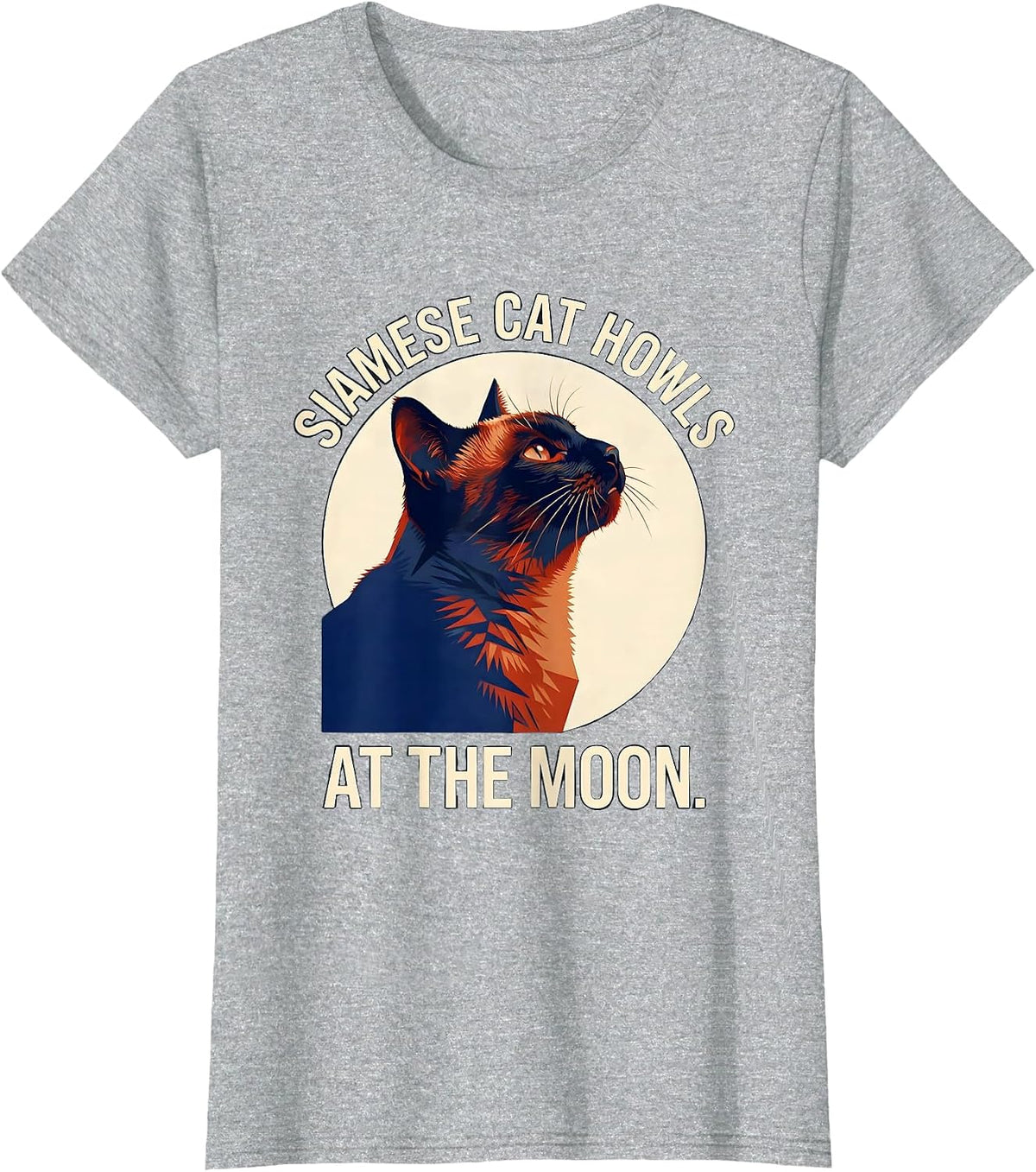 Siamese Cat Howls at the Moon 90's Retro Novelty T-Shirt - Heather Grey