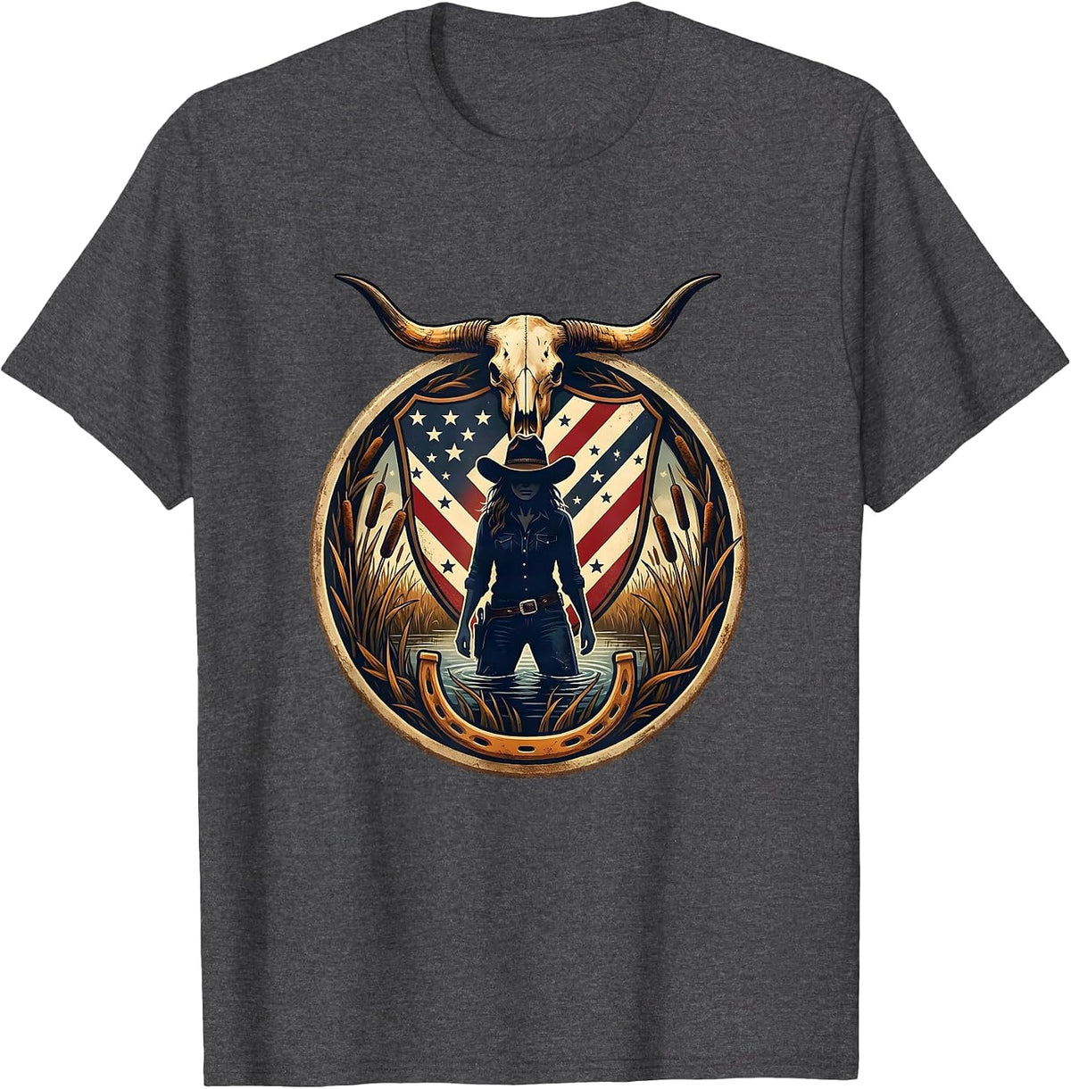 Camo Hunter Standing in Marsh Reeds Illustration T-Shirt - Dark Heather Grey
