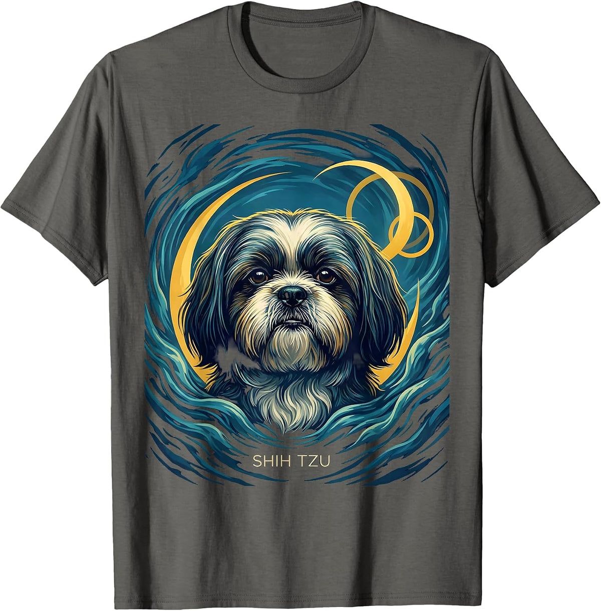SHIH TZU Van Gogh Style Starry Night Dog Breed Portrait T-Shirt - Asphalt Grey
