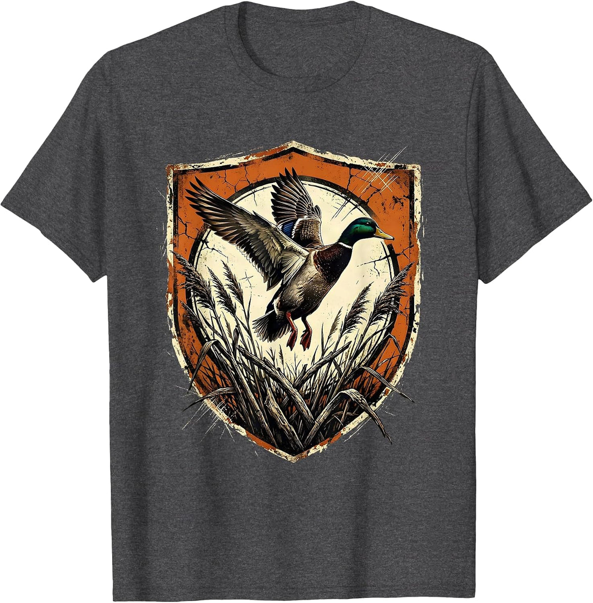 Duck in Flight Over Marsh Reeds Hunting Design T-Shirt - Dark Heather Grey