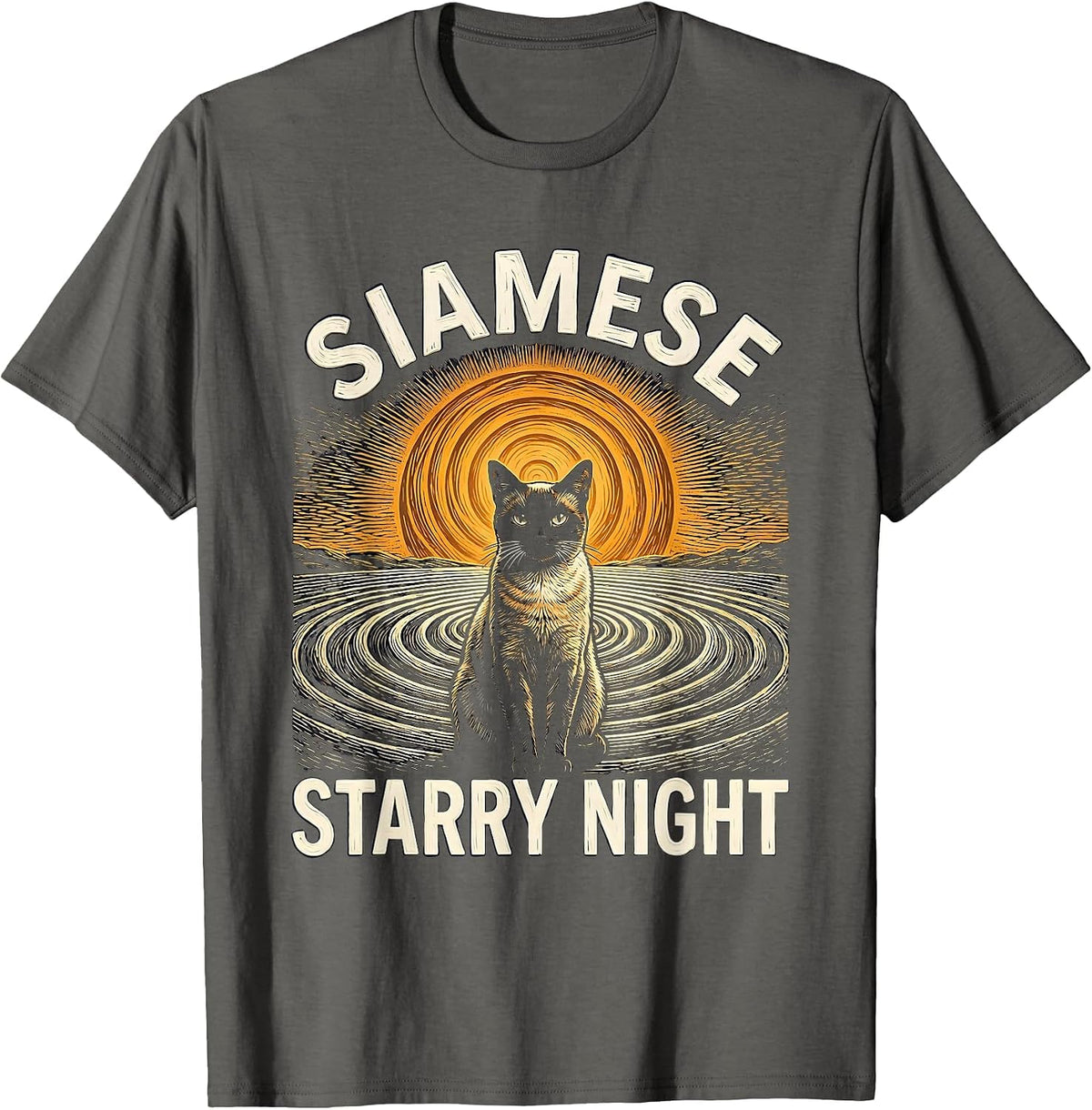 Siamese Starry Night Whimsical Van Gogh Cat Lover Art T-Shirt - Asphalt Grey