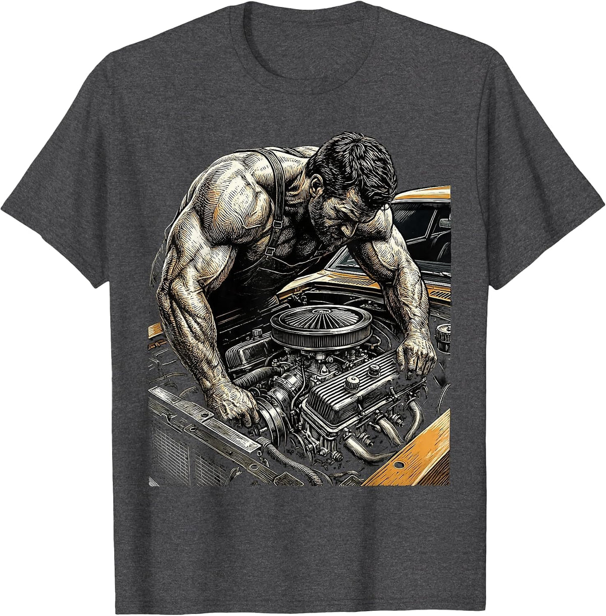 Classic Car Mechanic Vintage Auto Illustration T-Shirt - Dark Heather Grey