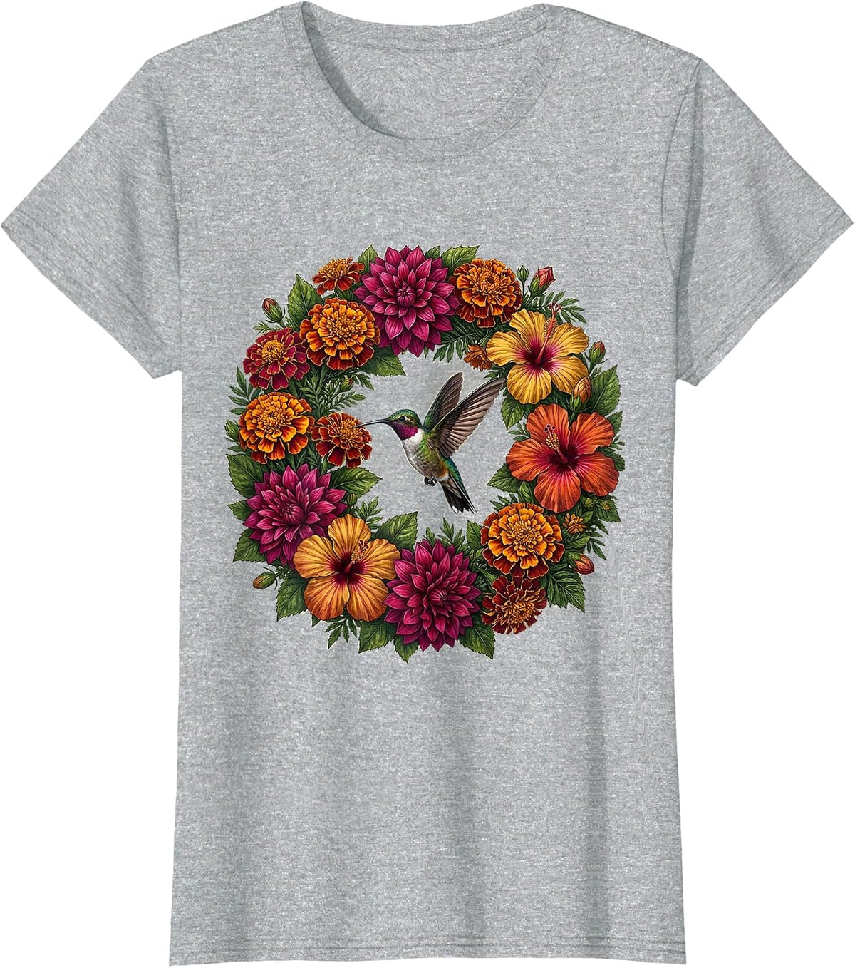 Women's Mexican Floral Wreath Hummingbird Design T-Shirt - Heather Grey