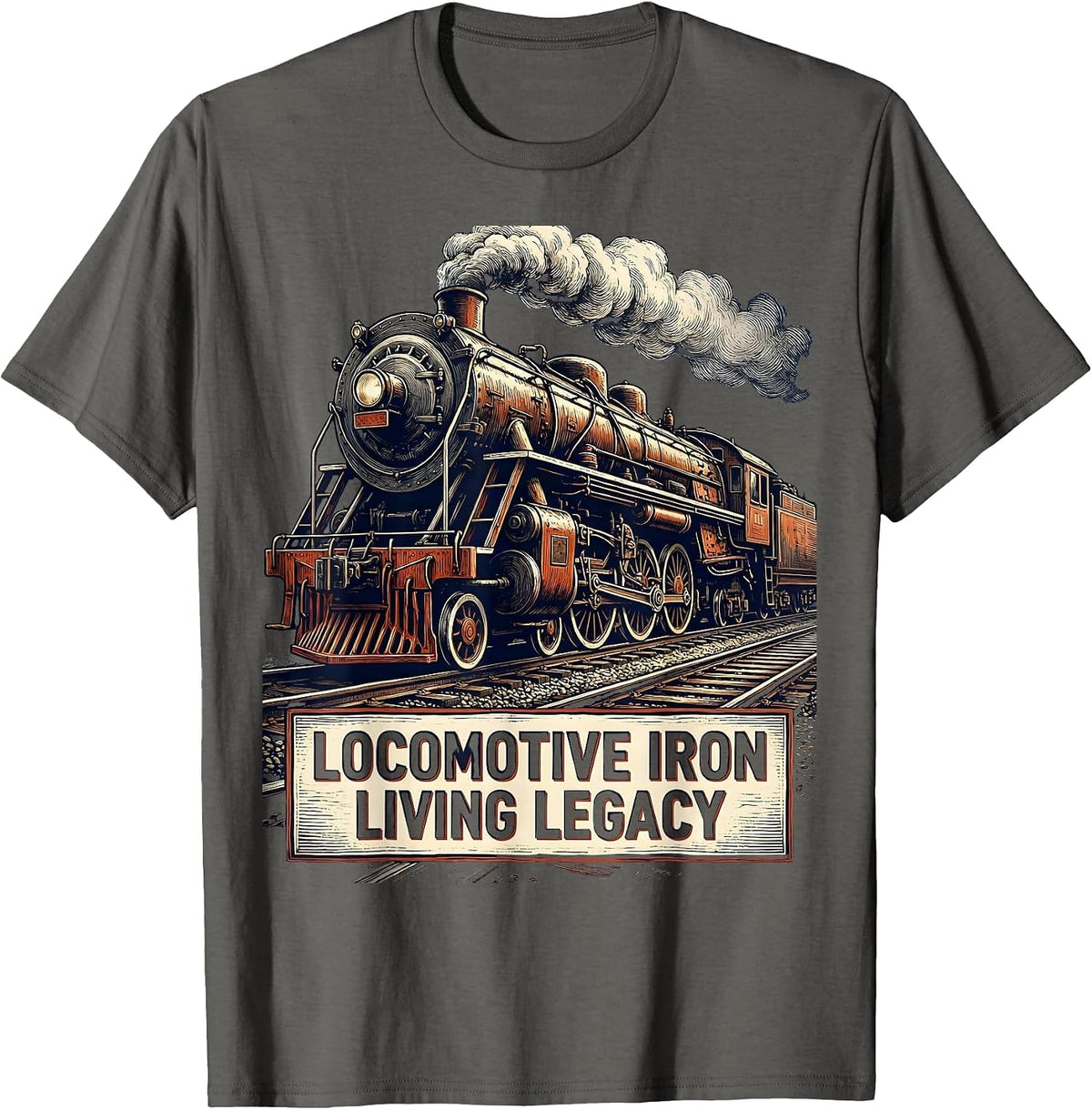 Men's Locomotive Iron, Living Legacy Vintage Steam Train T-Shirt - Asphalt Grey