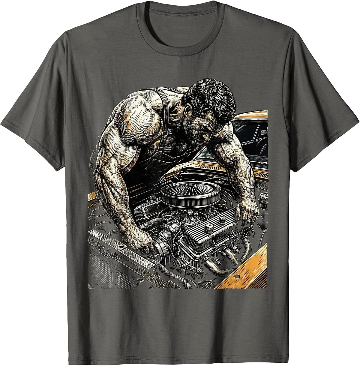 Classic Car Mechanic Vintage Auto Illustration T-Shirt - Asphalt Grey