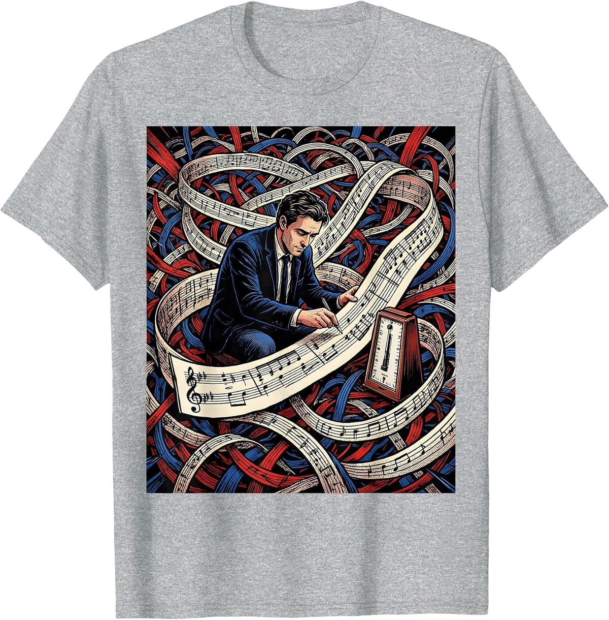 Men's Comic Musician Tangled Music Score Gift T-Shirt - Heather Grey