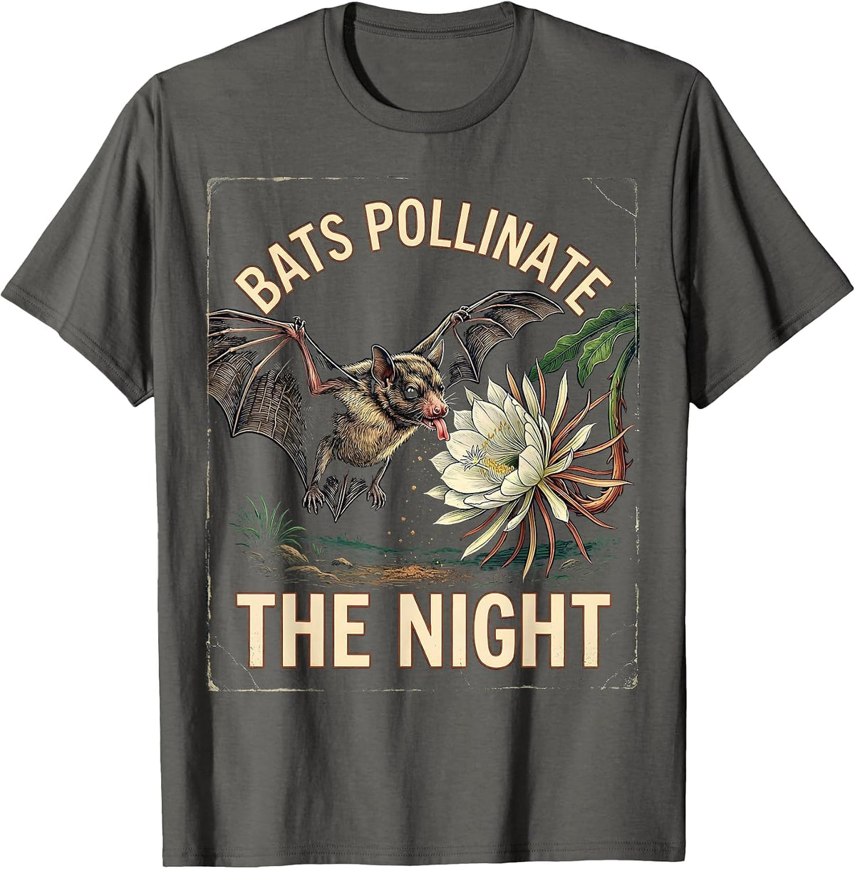 Men's Bats Pollinate The Night Vintage Bat Lover Halloween Humor T-Shirt - Asphalt Grey