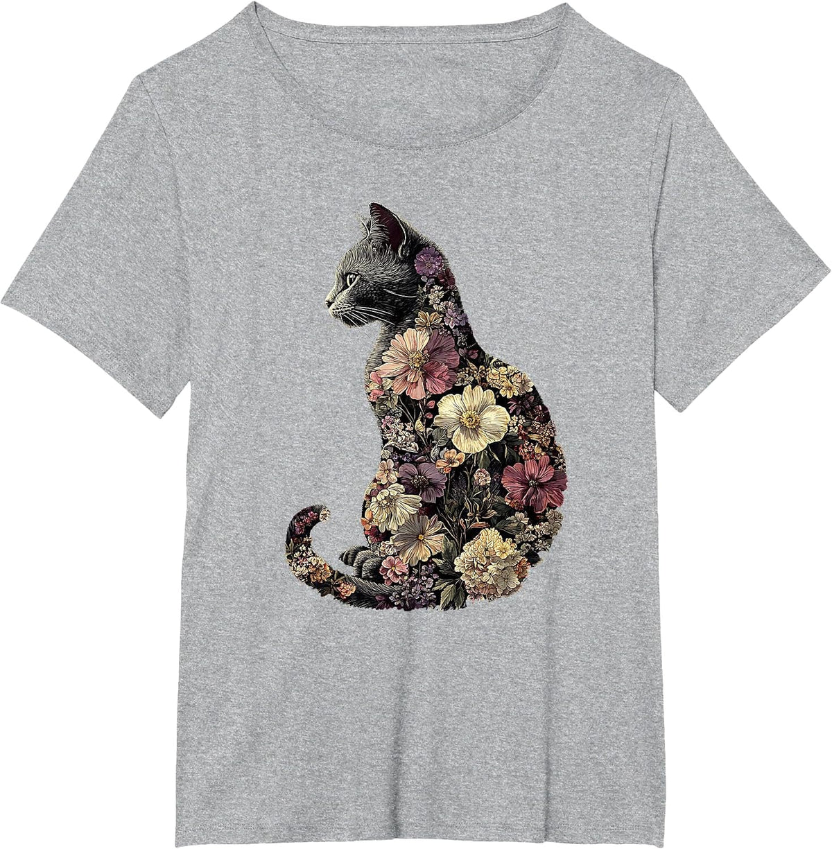 Floral Cat T-Shirt - Heather Grey