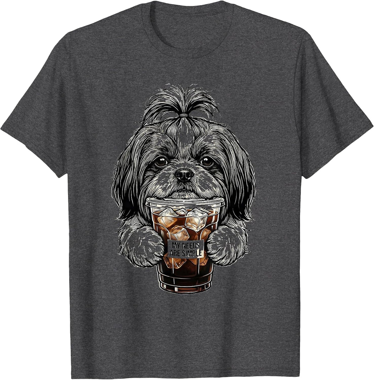 Men's My Needs Are Simple Funny Shih Tzu Dog Lover Iced Coffee T-Shirt - Dark Heather Grey