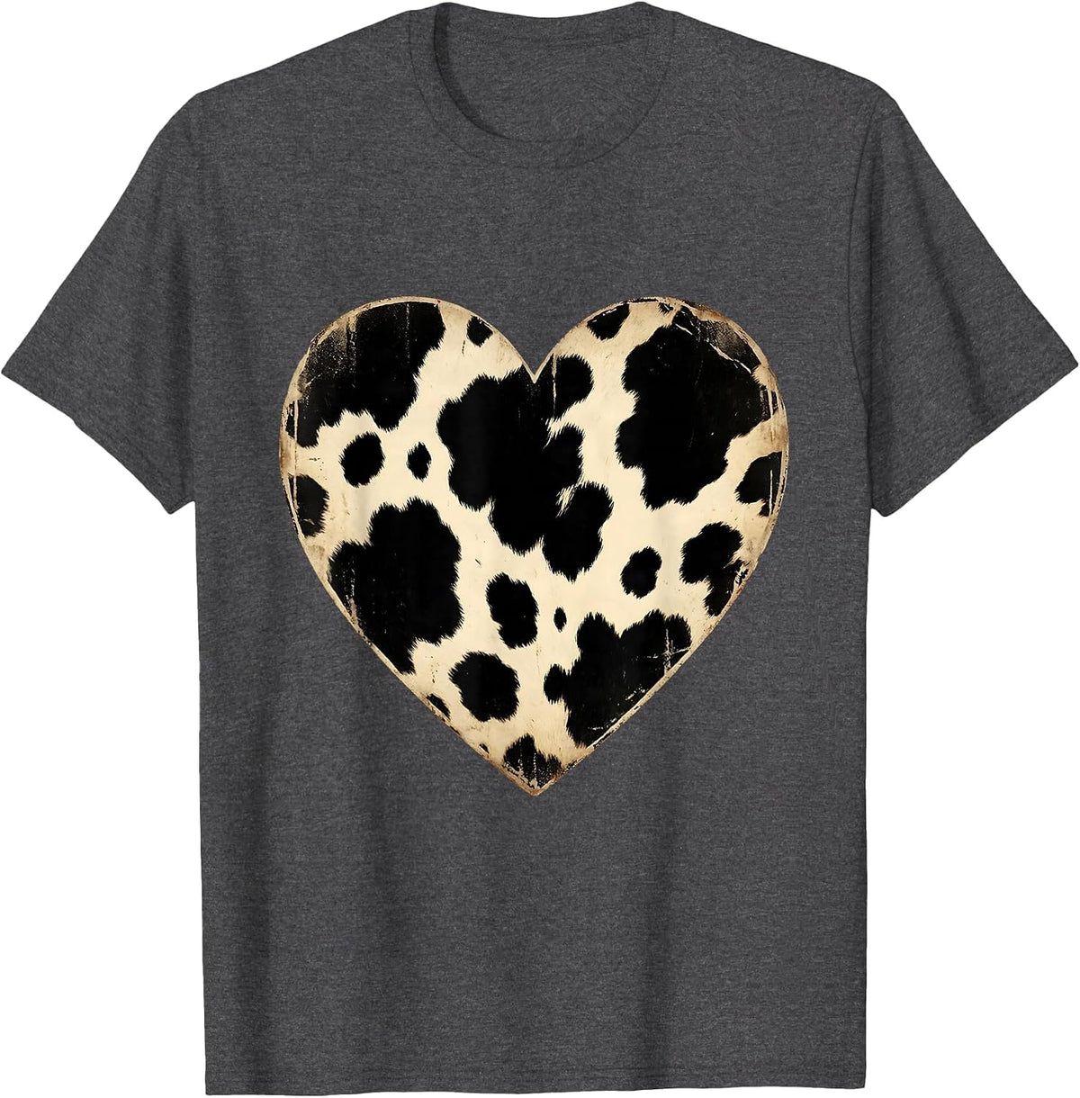 Cow Print Heart Bold Black Patches Graphic T-Shirt - Dark Heather Grey