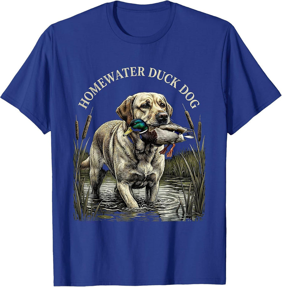 Homewater Duck Dog Woodcut Labrador Hunting Dog Rural Pride T-Shirt - Royal Blue
