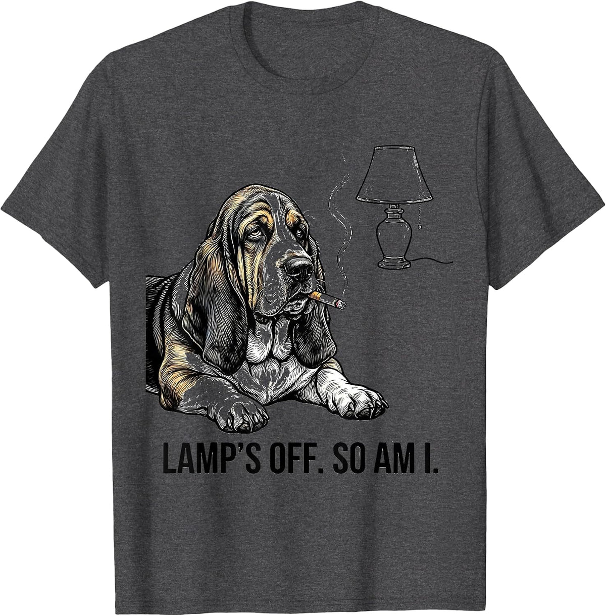 Men's Lamp's Off So Am I Funny Basset Hound Smoking Dog Meme T-Shirt - Dark Heather Grey
