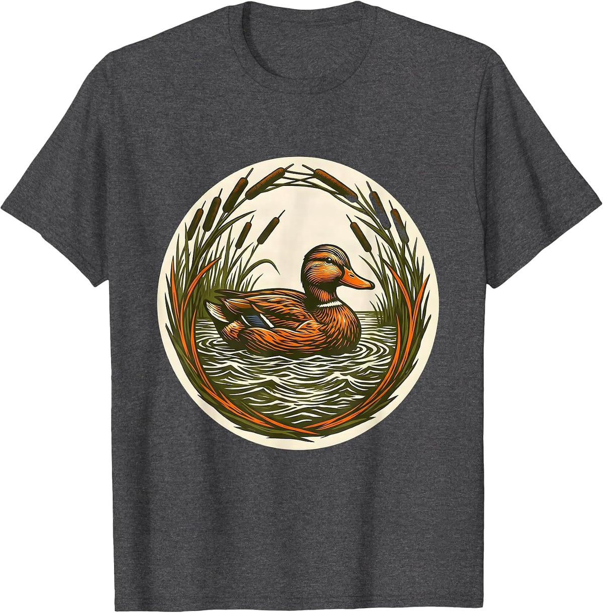 Duck Decoy Marsh Reeds Camo Hunting Illustration T-Shirt - Dark Heather Grey