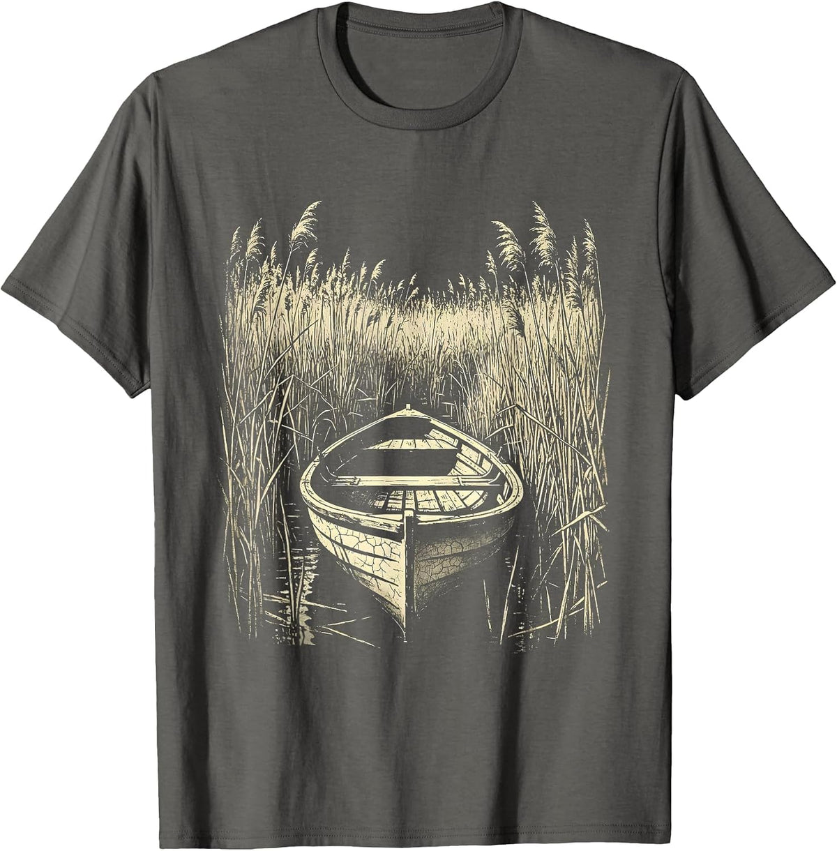 Duck Hunting Boat in Tall Reeds Illustration T-Shirt - Asphalt Grey