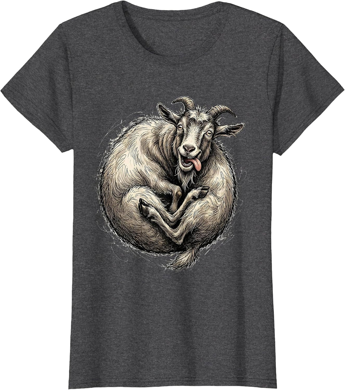 Women's Derpy Goat Eating Its Own Tail Funny Art T-Shirt - Dark Heather Grey