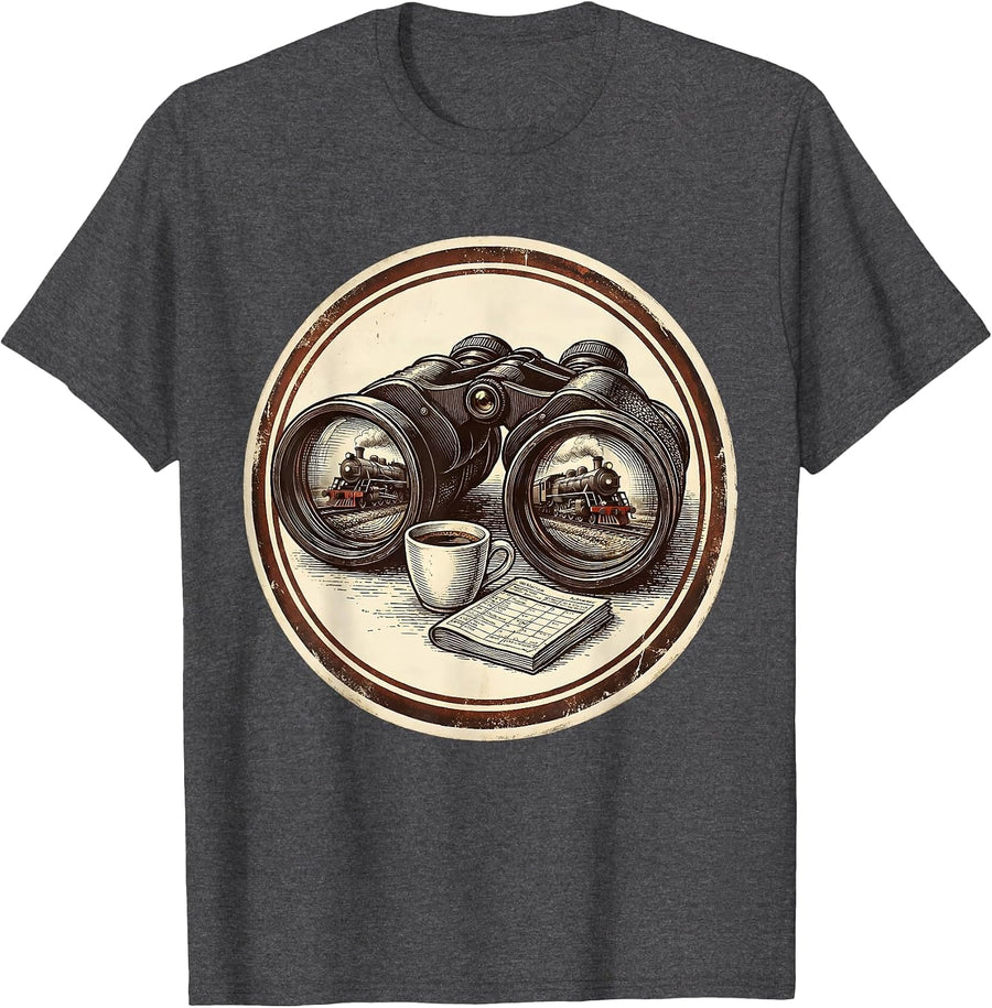 Men's Sealed Locomotive Binoculars Vintage Train Enthusiast Humor T-Shirt - Dark Heather Grey