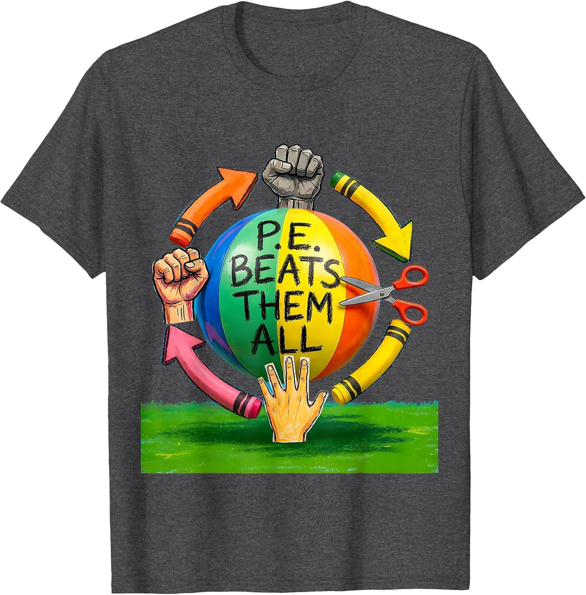 P.E. Beats Them All Naive Kidcore Back To School Grade Pride T-Shirt - Dark Heather Grey