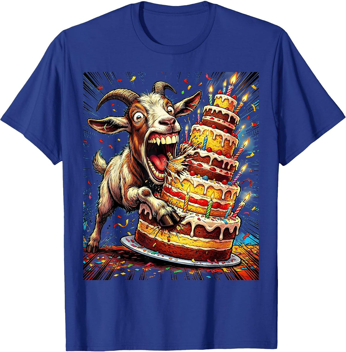 Men's Funny Goat Eating Whole Birthday Cake Illustration T-Shirt - Royal Blue