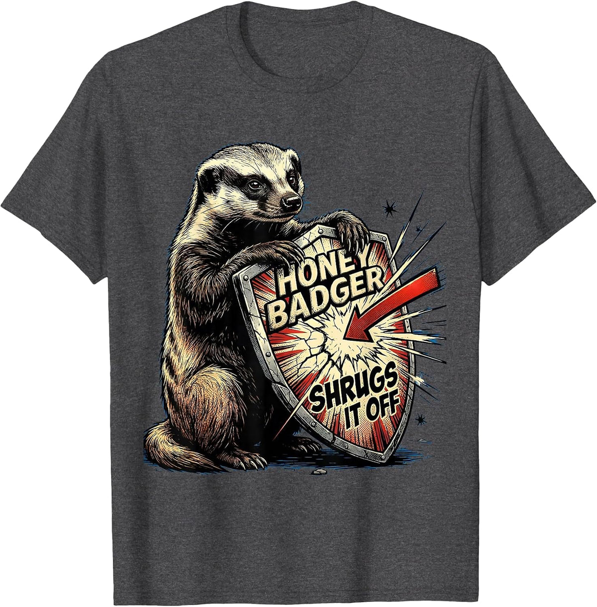 Men's Honey Badger Shrugs It Off Comic Book Animal Lover Humor T-Shirt - Dark Heather Grey