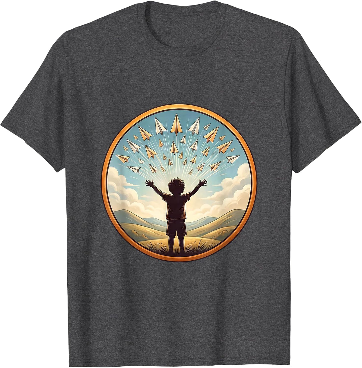 Special Education Child Paper Airplane Sky Design T-Shirt - Dark Heather Grey