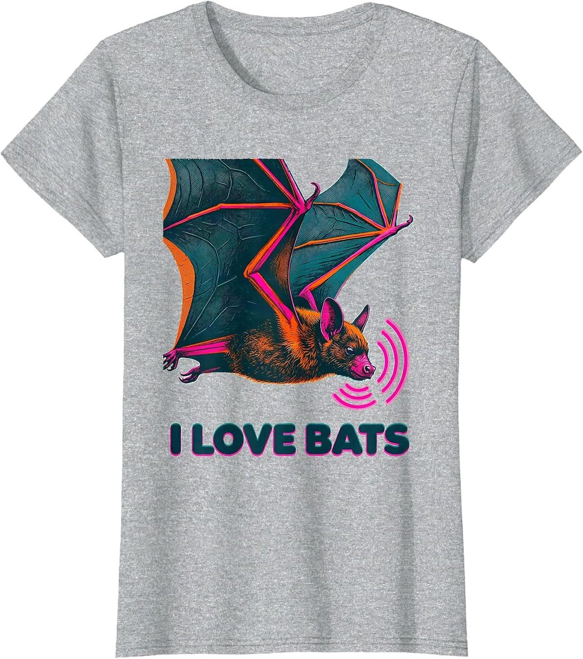 I Love Bats Risograph Bat Lover Wildlife Conservation T-Shirt - Heather Grey