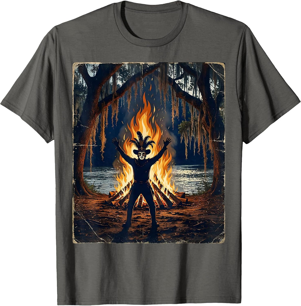 Mardi Gras Reveler Bonfire Riverbank Silhouette T-Shirt - Asphalt Grey