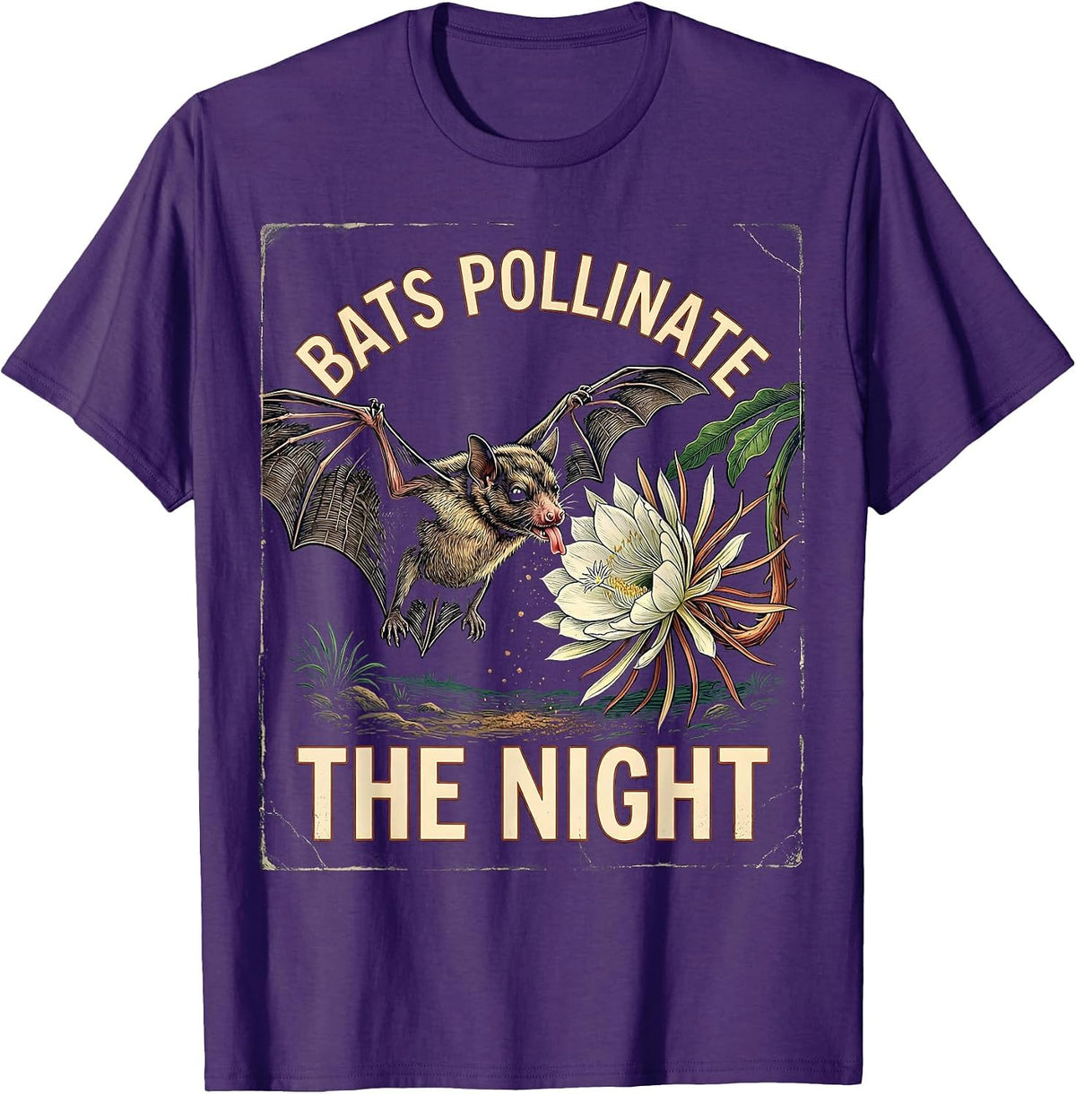 Men's Bats Pollinate The Night Vintage Bat Lover Halloween Humor T-Shirt - Purple