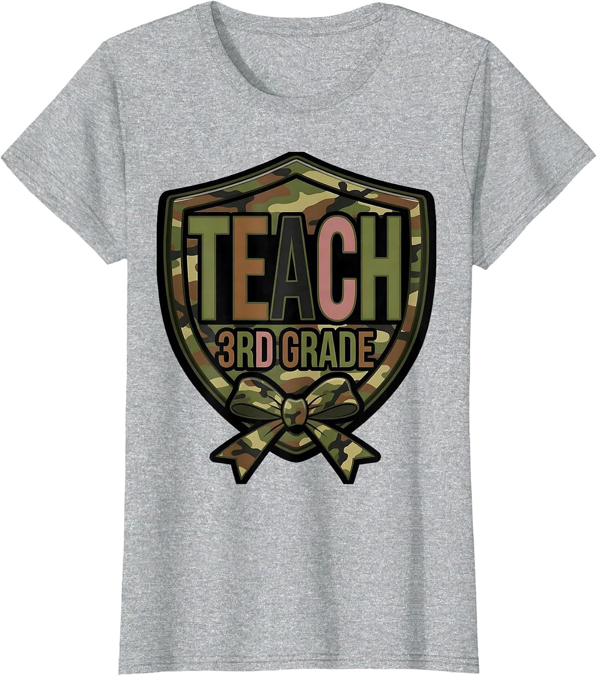 Teach 3rd Grade Camo Teacher Bow Trendy Fashion T-Shirt - Heather Grey