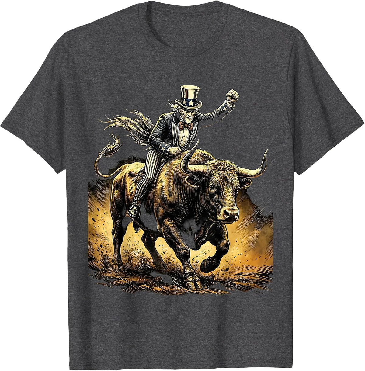 American Flag Charging Bull Patriotic Graphic T-Shirt - Dark Heather Grey